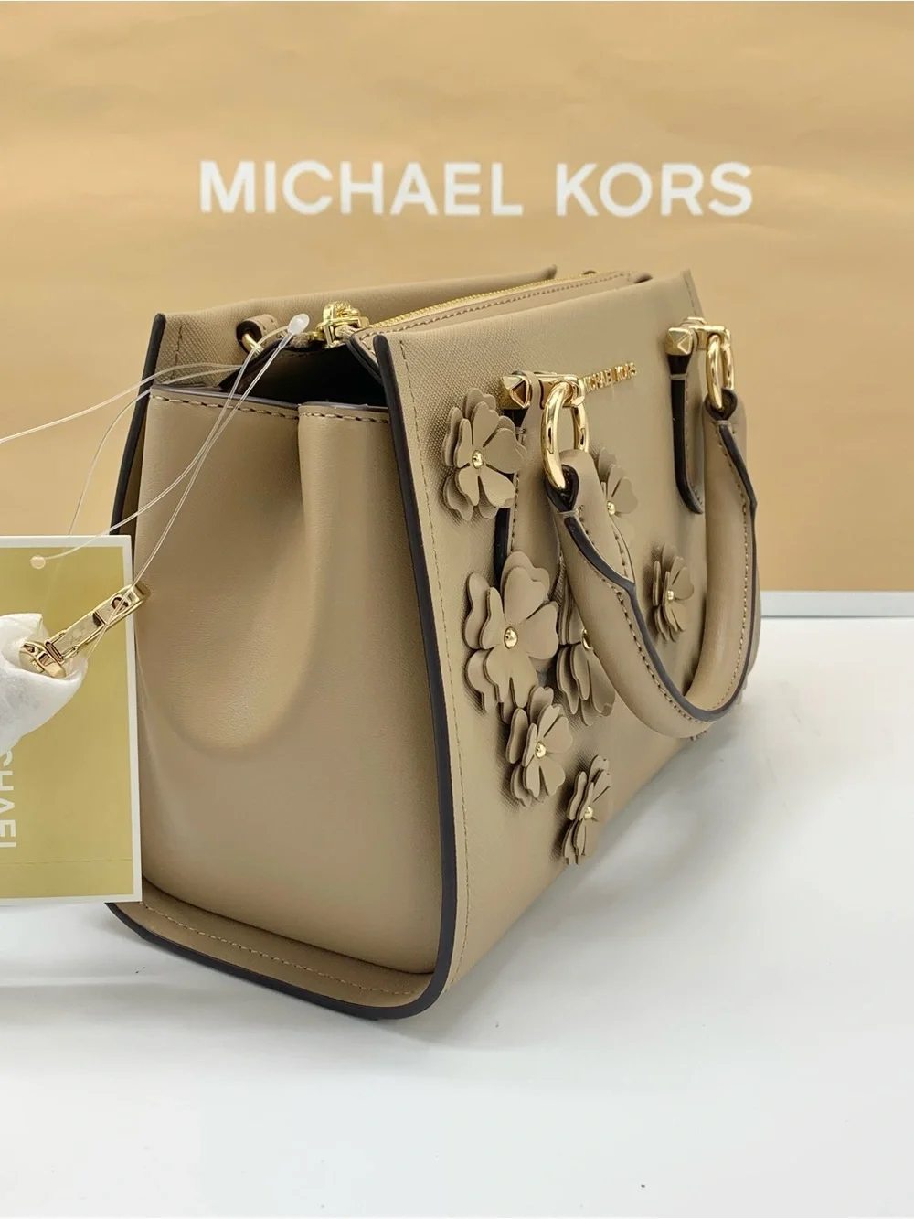 MICHAEL KORS Marilyn Small Floral Embellished Satchel Camel color